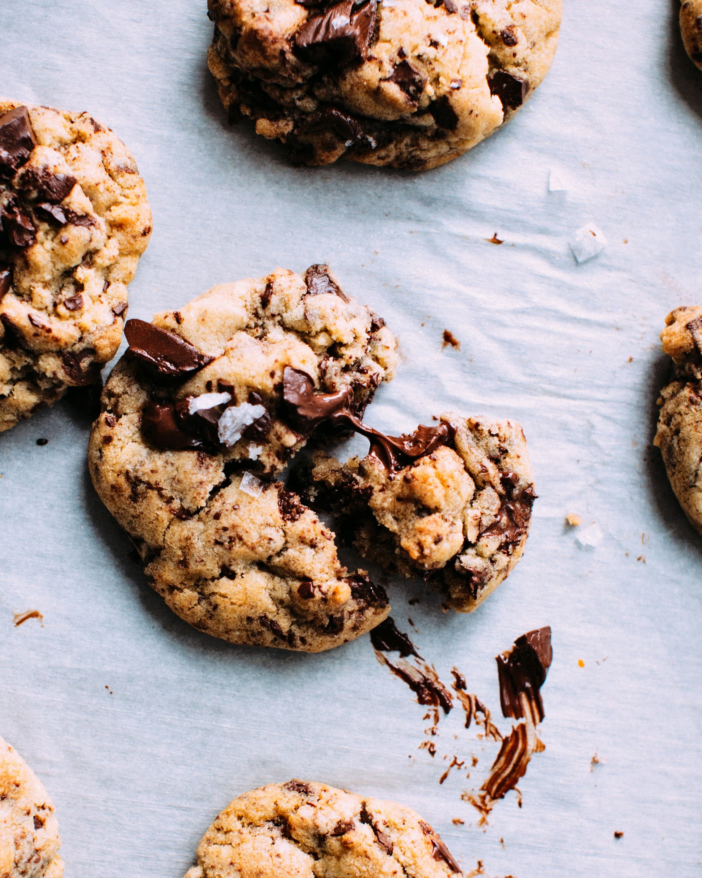 A cracked chocolate chip cookie with a molten centre